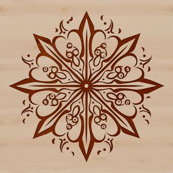 Close-up illustration of a single snowflake with symmetrical patterns and geometric details.