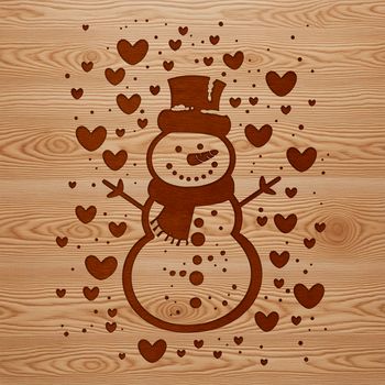 A winter-themed snowman with heart decorations made from bold lines and simple shapes.