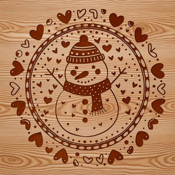 A smiling snowman made with bold lines and simple shapes, surrounded by red love hearts.
