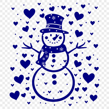A winter-themed snowman created with vector art, featuring love hearts in its design.