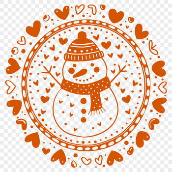 A smiling snowman surrounded by love hearts in winter settings.