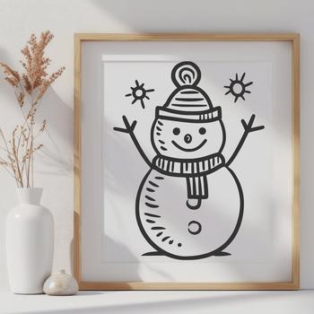 A simple snowman illustration with a black hat and coal eyes, suitable for winter-themed designs.