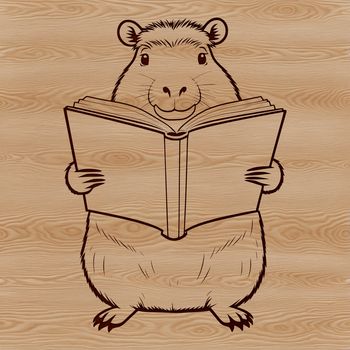 A South American rodent, the capybara, is shown reading a book in a natural setting.