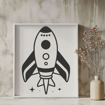 Graphic design of a rocket ship with detailed controls and engines.
