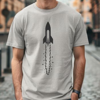 A stylized, digital design of a rocket ship exploring the cosmos.