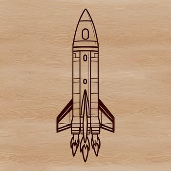 A stylized illustration of a spaceship in flight, featuring metallic surfaces and sleek lines.