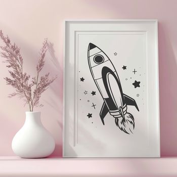 A high-resolution vector design of a futuristic rocket ship in space.