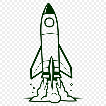 A stylized illustration of a futuristic spaceship in flight through space.