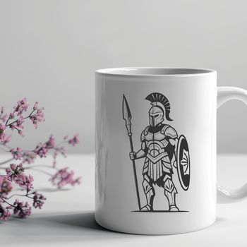 A warrior from ancient Greece dressed in traditional attire, depicted in a stylized vector format.