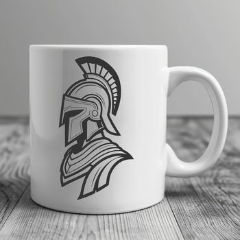 A stylized illustration of a ancient Greek warrior, dressed in traditional armor, with a distinctive helmet.