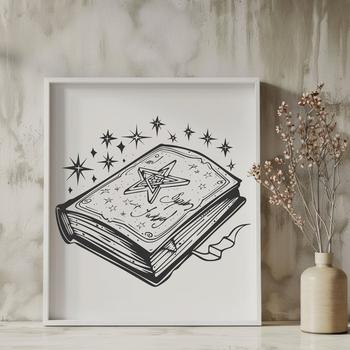 A detailed illustration of a witch surrounded by mystical elements, with a spell book open on her table.