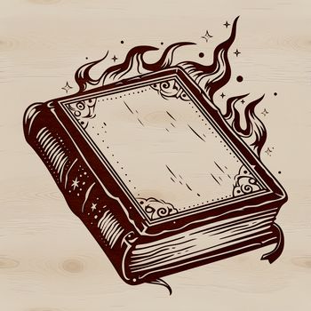 A mystical illustration of a witch's spell book and magical tools, suitable for use in Halloween-themed designs.