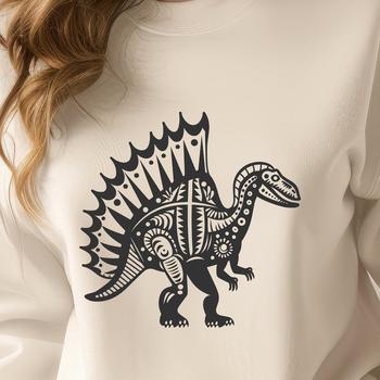 A prehistoric Spinosaurus dinosaur with its full body visible in the illustration.