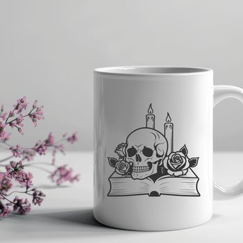 A stylized gothic skull illustration surrounded by ornate details, ready for customization in vector design software.