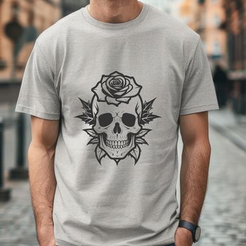 A detailed illustration of a Gothic-style skull surrounded by ornate details and decorations.