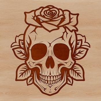 A stylized Gothic-style skull design with intricate details and ornaments.