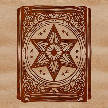 A dark fantasy scene featuring a witch surrounded by magical artifacts, spell books, and mysterious symbols.