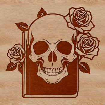 A stylized Gothic skull design featuring intricate details and ornate roses.