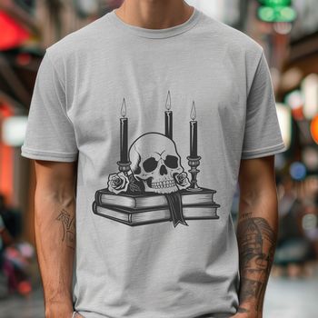 A stylized gothic-style skull surrounded by a wreath of dark roses, set against a subtle background.