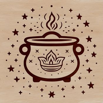A witch's cauldron and various magical objects in a spooky Halloween setting, created as a vector design.