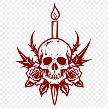 A detailed illustration of a Gothic-style skull with intricate design elements and fine lines.