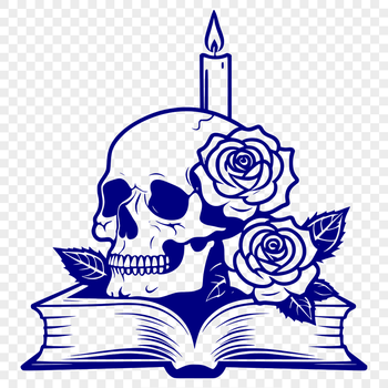 A stylized illustration of a skull surrounded by candles, roses, and a book, in a Gothic design.