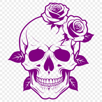 A stylized gothic skull with intricate details and floral motifs surrounding it.