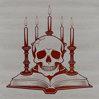 A stylized Gothic skull illustration with a candle beside it, ideal for Halloween decorations or craft projects.
