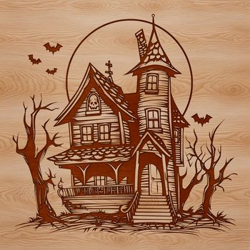 Vector illustration of a haunted house with spooky decorations and a witch casting a spell