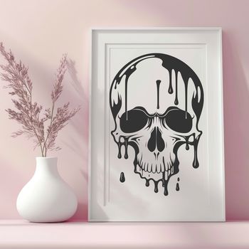 A gothic-inspired illustration of a dripping skull with intricate details, suitable for Halloween decorations or designs.