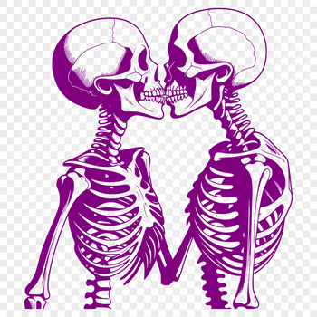A stylized illustration of love skeletons celebrating Valentine's Day with hearts and flowers.