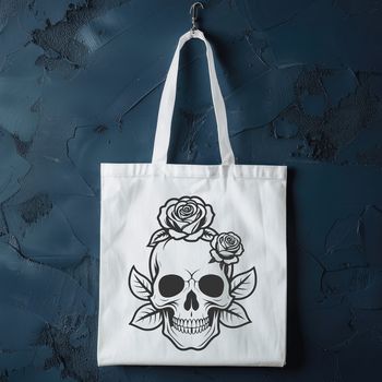 A stylized skull design with intricate details and ornate elements set against a dark background.