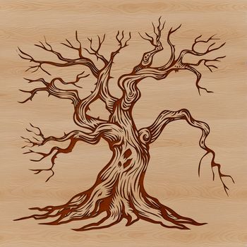 A detailed illustration of a spooky tree surrounded by eerie foliage on a dark background.