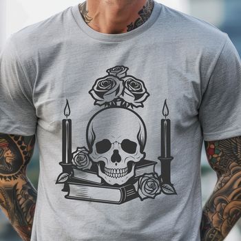 A stylized illustration of a gothic-style skull surrounded by ornate details and flowers, suitable for decorative purposes.