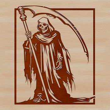 A black silhouette of the Grim Reaper standing in front of a full moon on a dark Halloween night.