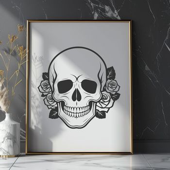 A vector illustration of a skull with a floral twist, adorned with a stylized rose motif in a spooky Gothic aesthetic.