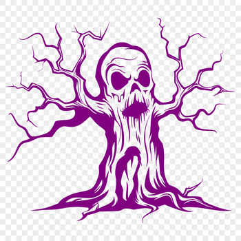 Halloween-themed SVG illustration featuring a spooky tree with witches' hat and broomsticks in the branches.
