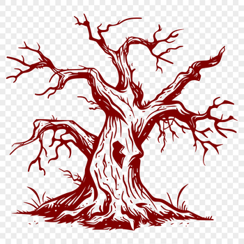 A large tree with ghostly silhouettes and spider webs, set against a dark background, designed in vector art.