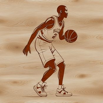 A male basketball player in mid-action, surrounded by simple white background.