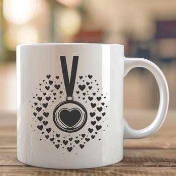 A silver medal with red and pink love hearts engraved on its surface, perfect for sports enthusiasts.