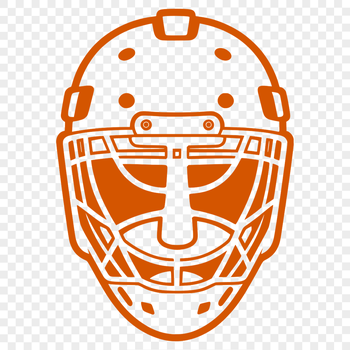 A detailed illustration of a hockey player's equipment, including their helmet with a protective mask.
