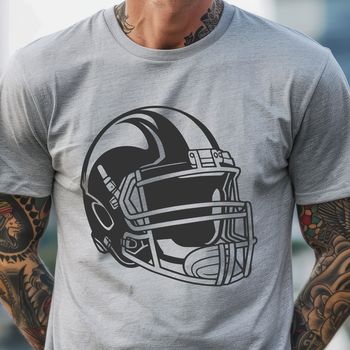 American football player in action with helmet, representing the sport.