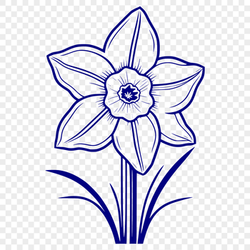 An illustration of a solitary daffodil plant in bloom with green leaves and a prominent golden bloom.