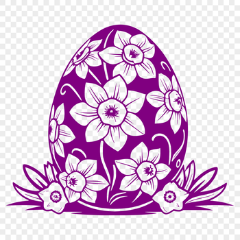 A stylized illustration of a spring-themed Easter egg surrounded by greenery.