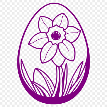 A hand-drawn illustration of a colorful Easter egg surrounded by sprouts of daffodils.