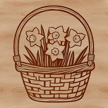 A single daffodil flower in a simple white basket, set against a natural background.