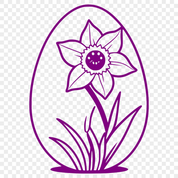 A colorful, stylized illustration of a Easter egg surrounded by blooming daffodils.