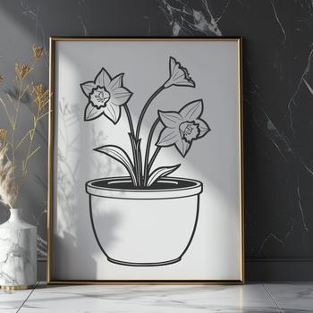 A close-up illustration of a single blooming daffodil plant in a ceramic flower pot, suitable for vector design.