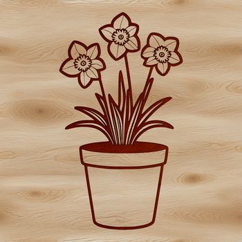 A close-up illustration of a single daffodil flower in a small pot.