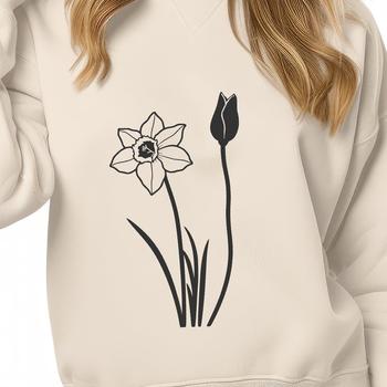 A single daffodil flower with bright yellow petals and orange center.